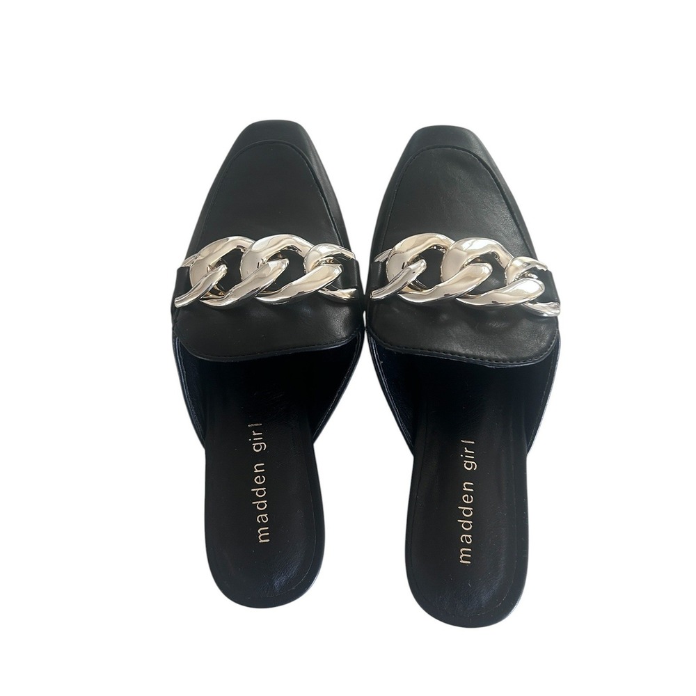 Madden Girl Womens Black Mule Loafers Silver Chunky Chain Pointed Toe Size 7.5